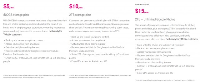 Google One offers from T-Mobile, including the 2 TB + Unlimited Google Photos offer