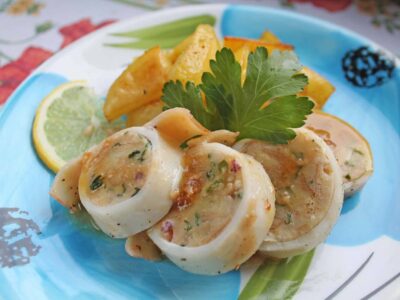 Stuffed squid in a pan