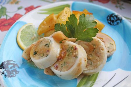 Stuffed squid in a pan