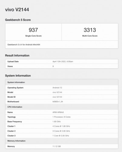 vivo X80 on Geekbench