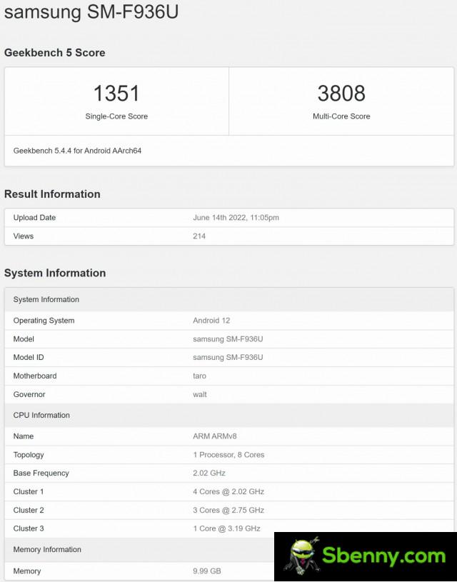 Samsung Galaxy Z Fold4 on Geekbench