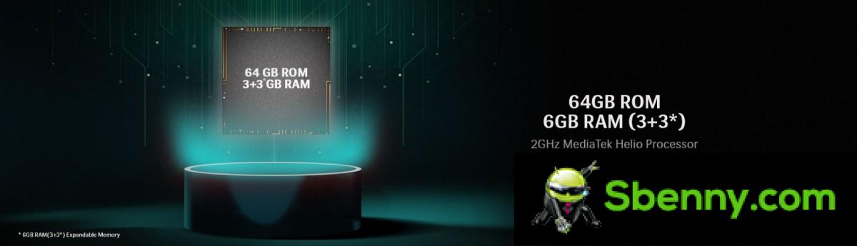 MediaTek Helio A22 chipset, 3 GB of RAM and 64 GB of memory (+ microSD card slot)