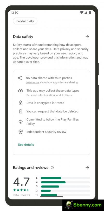 The new section on data security in the Google Play Store
