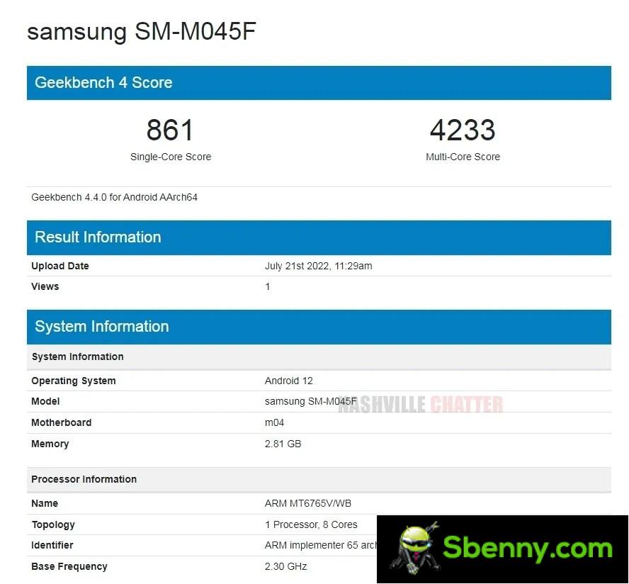 Samsung Galaxy M04 (SM-M045F) result of Geekbench