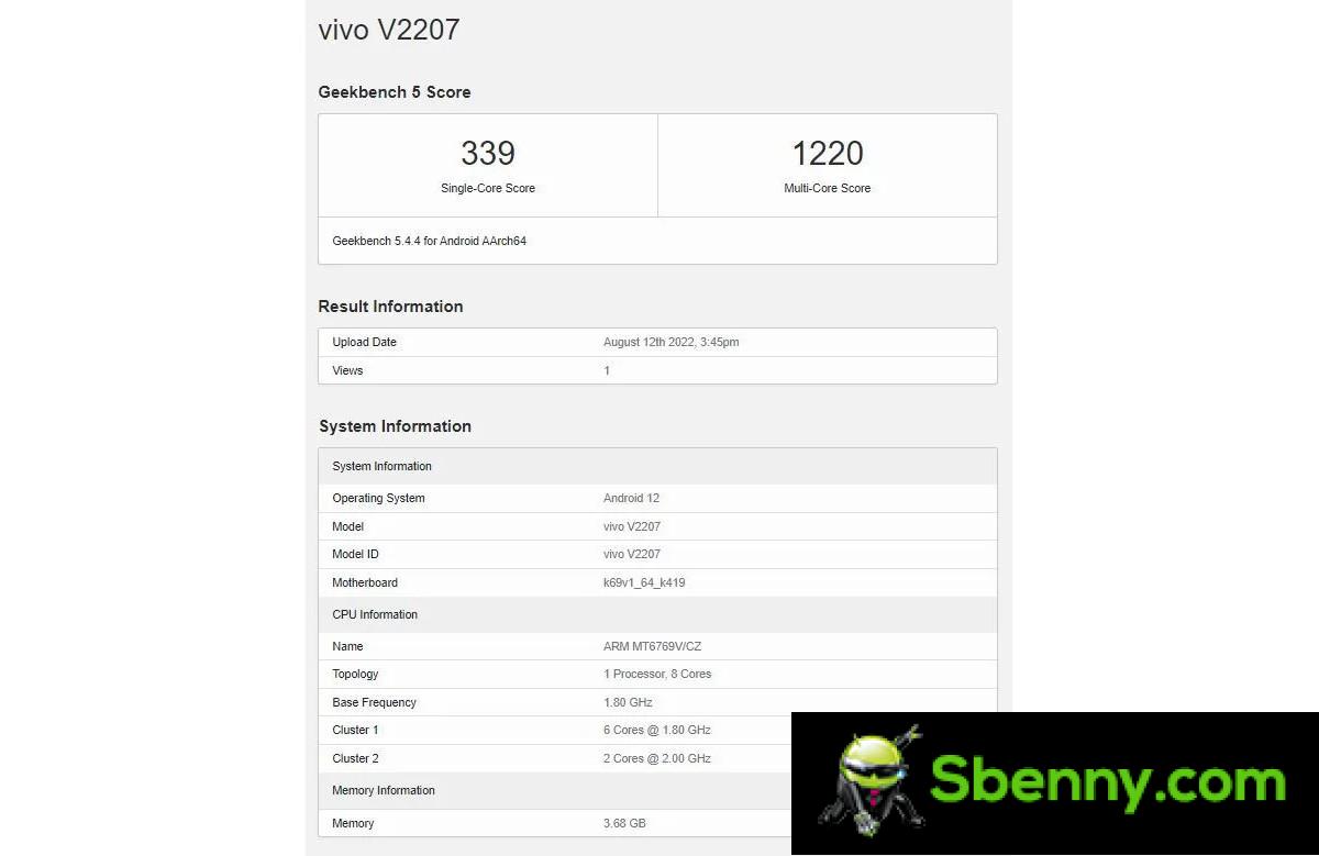 vivo Y22 stops by Geekbench before its official launch