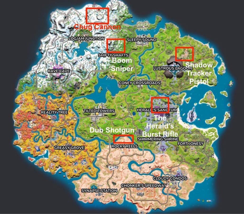 Location of the exotic and mythical weapons of Fortnite