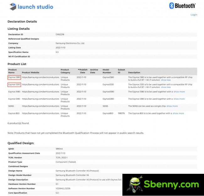Exynos 1380 and Exynos 1330 on Bluetooth SIG