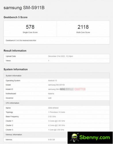 Geekbench Galaxy S23 scorecard (SM-S911B).