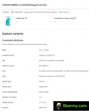 Honor Magic5 Lite specifications on Google Play Console