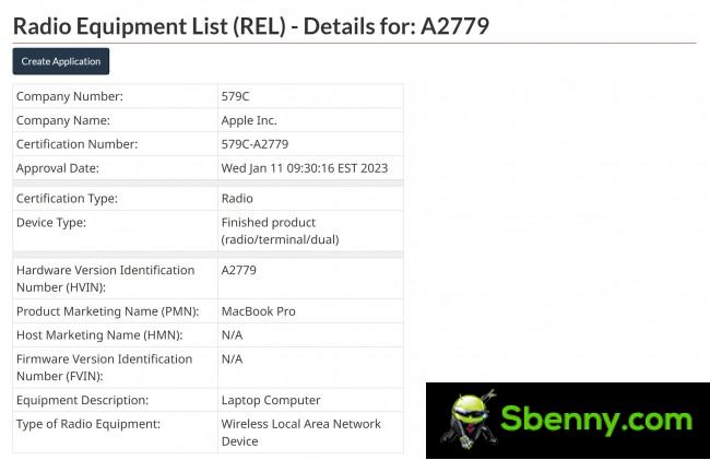 Apple MacBook Pro A2779 in the Canadian Radio Equipment List Database