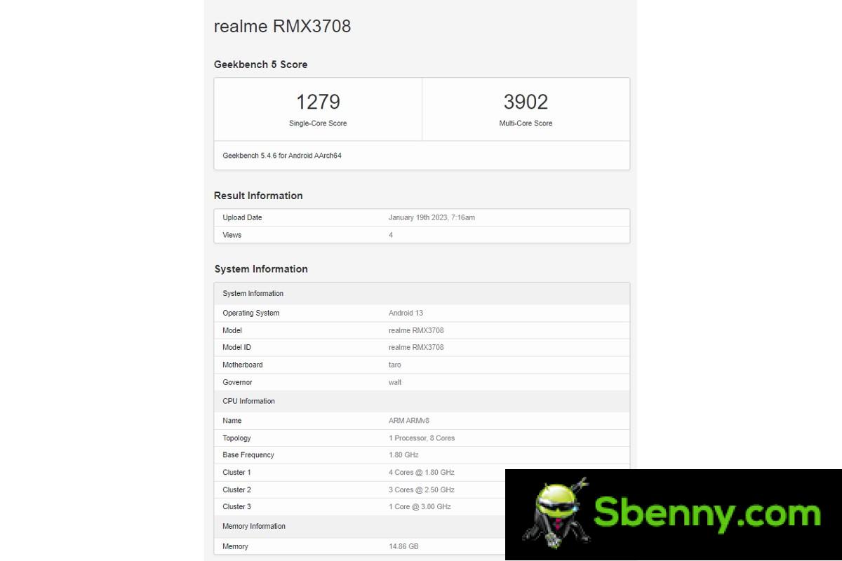 Realme GT Neo 5 seems to pass through Geekbench with 16GB of RAM