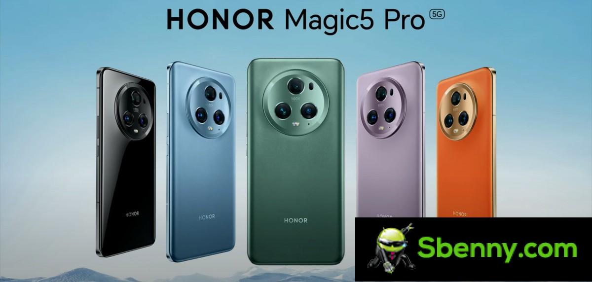 Honor Magic5 Pro in Glacier Blue, Meadow Green, Coral Purple, Orange and Black