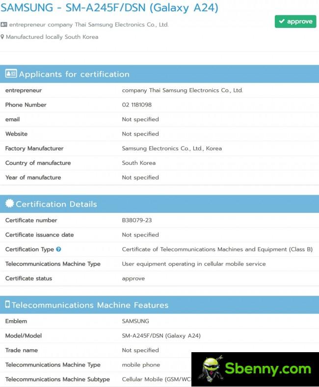 Samsung Galaxy A24 on the NBTC website