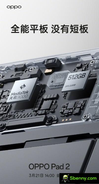 The Oppo Pad 2 will be powered by the Dimension 9000 with up to 512GB of storage