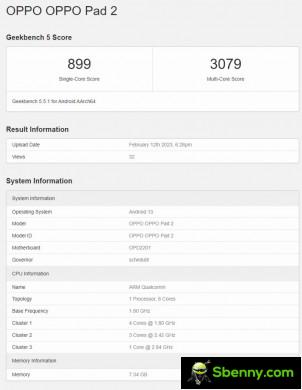 Oppo Pad 2 benchmark results: Geekbench 5.5.1