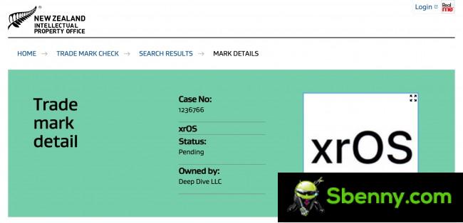 xrOS trademark on the New Zealand Intellectual Property Office
