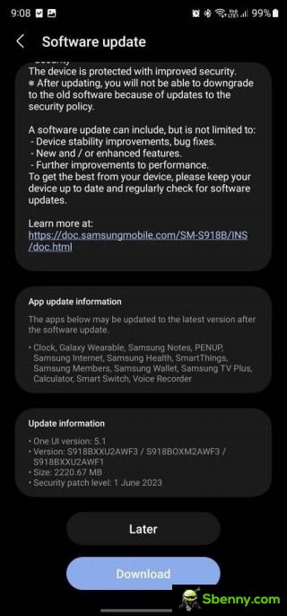 Samsung S91xBXXU2AWF3 update changelog