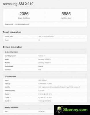Samsung Galaxy Tab S9 (SM-X910) is running Geekbench 6.1