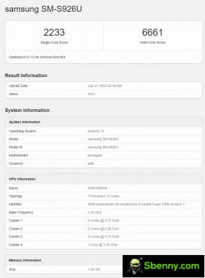 Geekbench 6.1.0 result from Samsung Galaxy S24+ (SM-S926U)