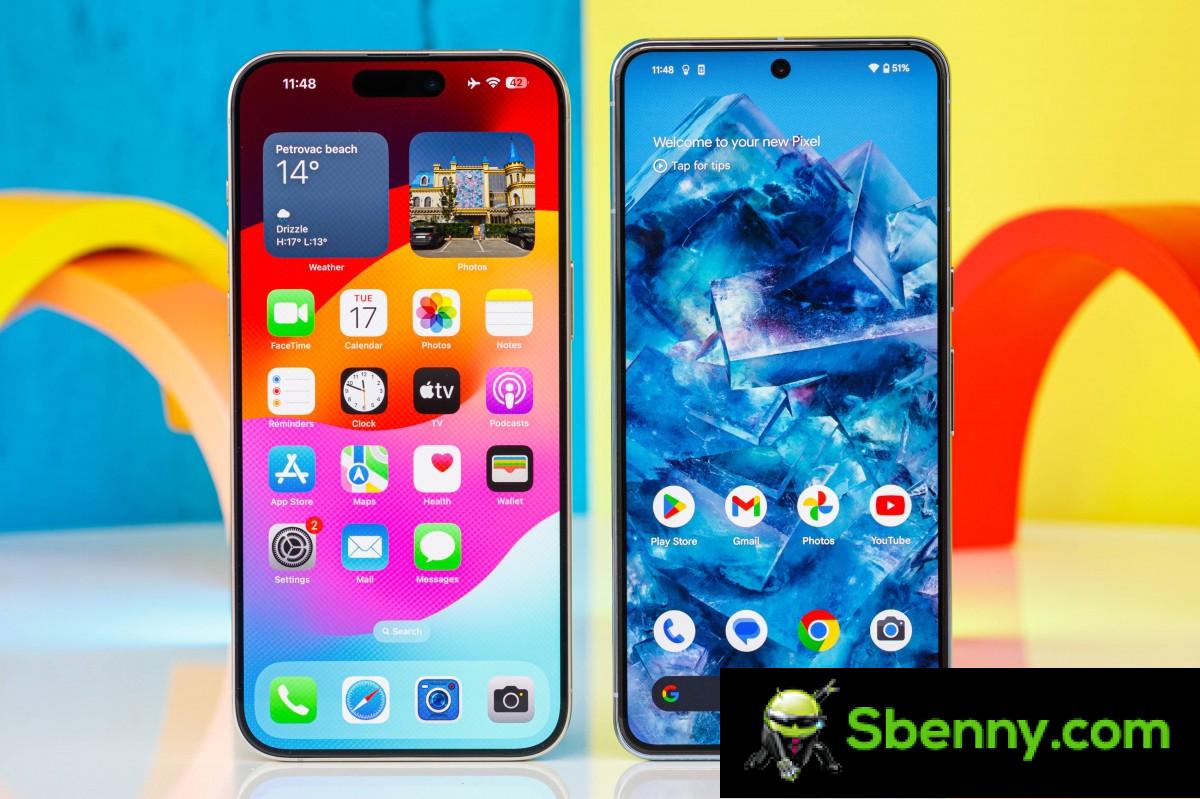 The iPhone 15 Pro Max (left) next to the Pixel 8 Pro