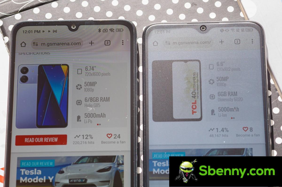 <span><strong>Left: Xiaomi Poco C65 • Right: TCL 40 NxtPaper 5G</strong></span>“><br />
<span><strong><span><strong>Left: Xiaomi Poco C65 • Right: TCL 40 NxtPaper 5G</strong></span></strong></span></p>
<p>The lack of optical clarity isn’t helped by the fact that the TCL 40 NxtPaper 5G LCD display doesn’t get overly bright either.  We measured around 492 nits when maxing out the manual brightness slider.  An automatic brightness boost mode can boost that figure to around 611 nits, which is still not that impressive.  It’s decent for an LCD but not impressive.</p>
<p>We also tested the TCL 40 NxtPaper 5G at minimum brightness to see how comfortable it is at night.  We weren’t impressed with the 5.5 nits, or so the backlight turns off even at the lowest brightness setting.</p>
<p>However, taking a look at the TCL 40 NxtPaper 5G next to the Xiaomi Poco C65 – a recent LCD phone with a glossy screen and similar maximum brightness to the TCL, we see an improvement in glare and reflections.  So, the matte finish is doing its job.</p>
<p><img loading=