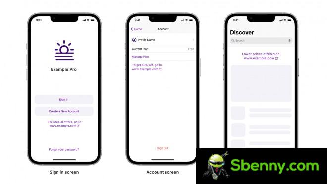 Purchasing model with Apple in-app link for external payments