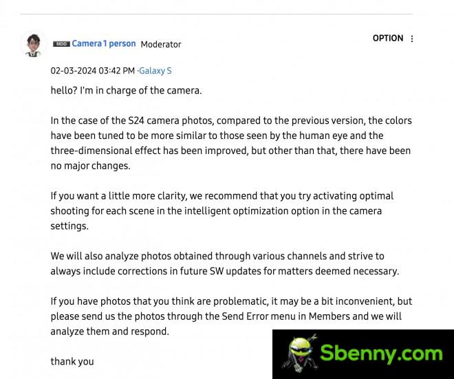 Response from Samsung community moderator (automatically translated from Korean)