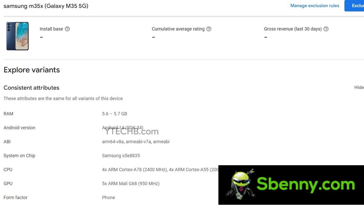 Samsung Galaxy M35 design and specifications revealed on Google Play Console