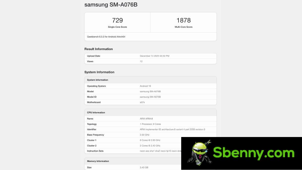 The specifications of the Samsung Galaxy A07 5G have been revealed via the Geekbench listing